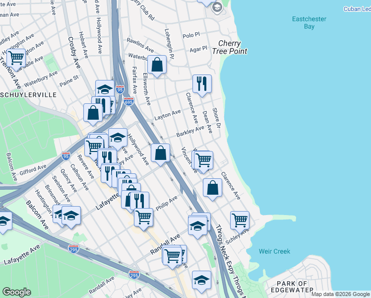 map of restaurants, bars, coffee shops, grocery stores, and more near 916 Vincent Avenue in Bronx