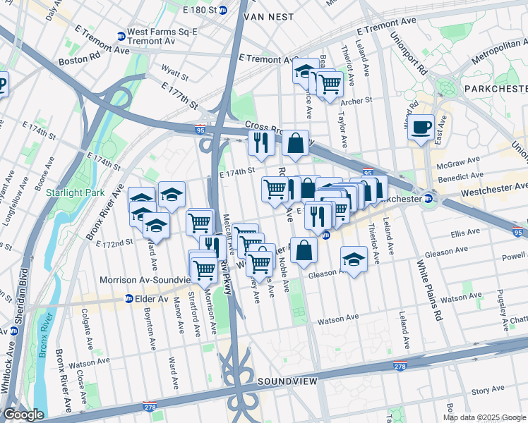 map of restaurants, bars, coffee shops, grocery stores, and more near 1320 Noble Avenue in The Bronx