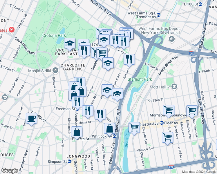 map of restaurants, bars, coffee shops, grocery stores, and more near 984 East 172nd Street in Bronx