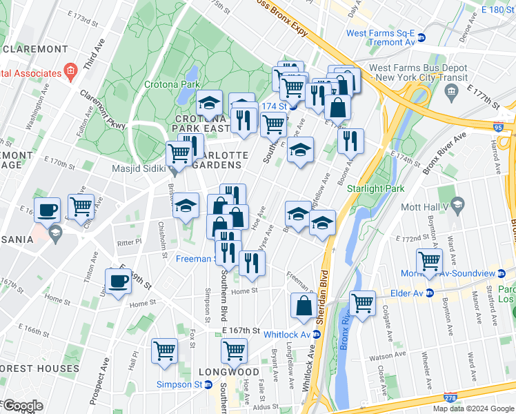 map of restaurants, bars, coffee shops, grocery stores, and more near 1490 Southern Boulevard in The Bronx