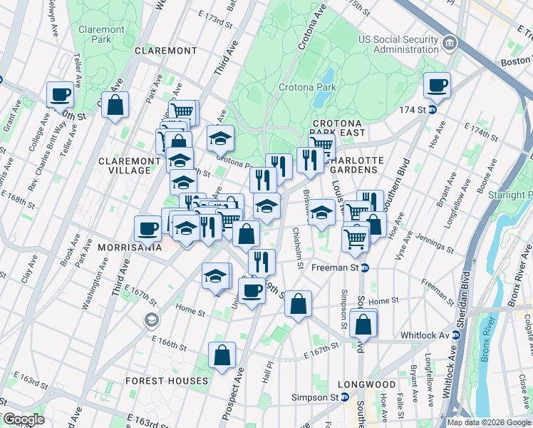 map of restaurants, bars, coffee shops, grocery stores, and more near in The Bronx