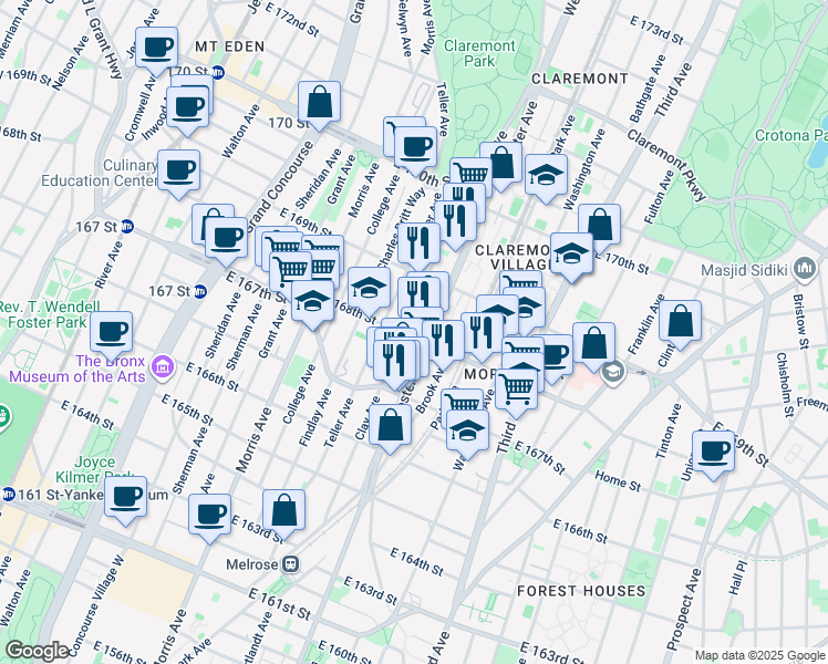 map of restaurants, bars, coffee shops, grocery stores, and more near 1239 Webster Avenue in Bronx