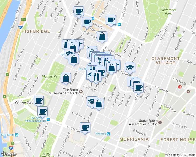 map of restaurants, bars, coffee shops, grocery stores, and more near 1162 Sheridan Avenue in The Bronx