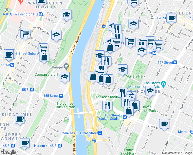 map of restaurants, bars, coffee shops, grocery stores, and more near 991 Summit Avenue in Bronx
