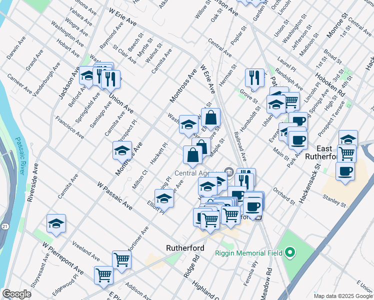 map of restaurants, bars, coffee shops, grocery stores, and more near 162 Union Avenue in Rutherford