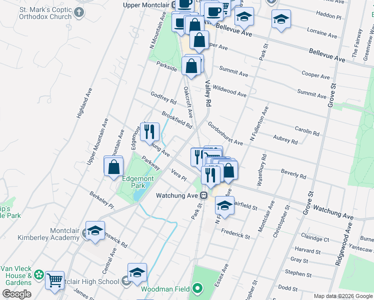 map of restaurants, bars, coffee shops, grocery stores, and more near 20 Appleton Place in Montclair