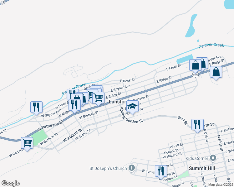 map of restaurants, bars, coffee shops, grocery stores, and more near 121 East Ridge Street in Lansford
