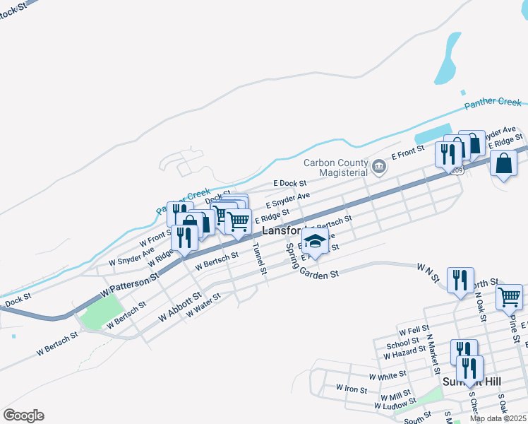 map of restaurants, bars, coffee shops, grocery stores, and more near 29-1/2 East Ridge Street in Lansford