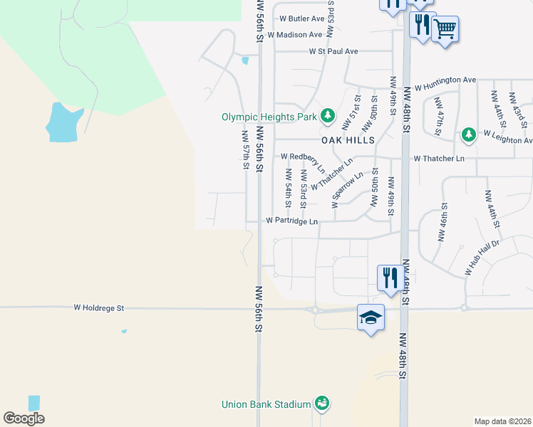 map of restaurants, bars, coffee shops, grocery stores, and more near 2020 Northwest 57th Street in Lincoln