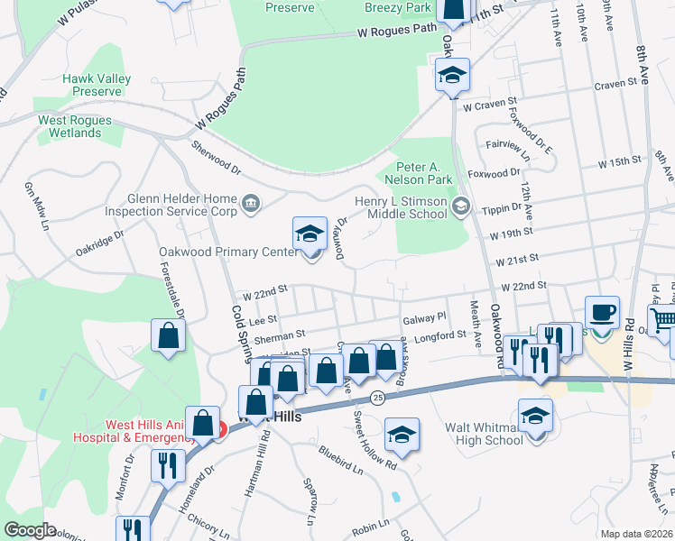 map of restaurants, bars, coffee shops, grocery stores, and more near 23 Downey Drive in Huntington