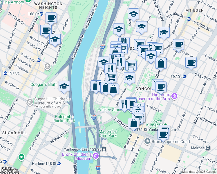 map of restaurants, bars, coffee shops, grocery stores, and more near in The Bronx