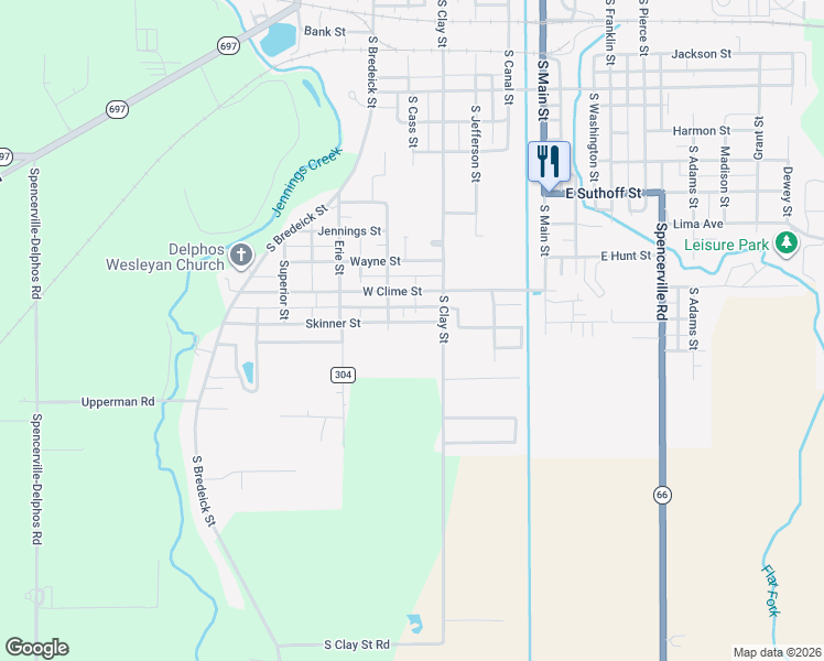 map of restaurants, bars, coffee shops, grocery stores, and more near 400-598 Skinner Street in Delphos