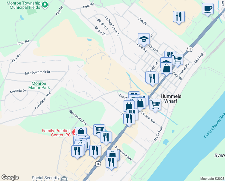 map of restaurants, bars, coffee shops, grocery stores, and more near 99 Country Club Dr in Selinsgrove