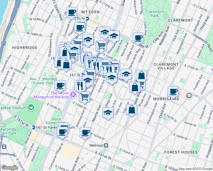 map of restaurants, bars, coffee shops, grocery stores, and more near 1175 Morris Avenue in Bronx