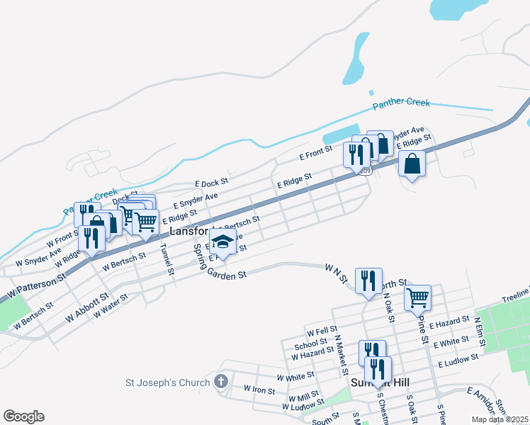 map of restaurants, bars, coffee shops, grocery stores, and more near 313 East Bertsch Street in Lansford