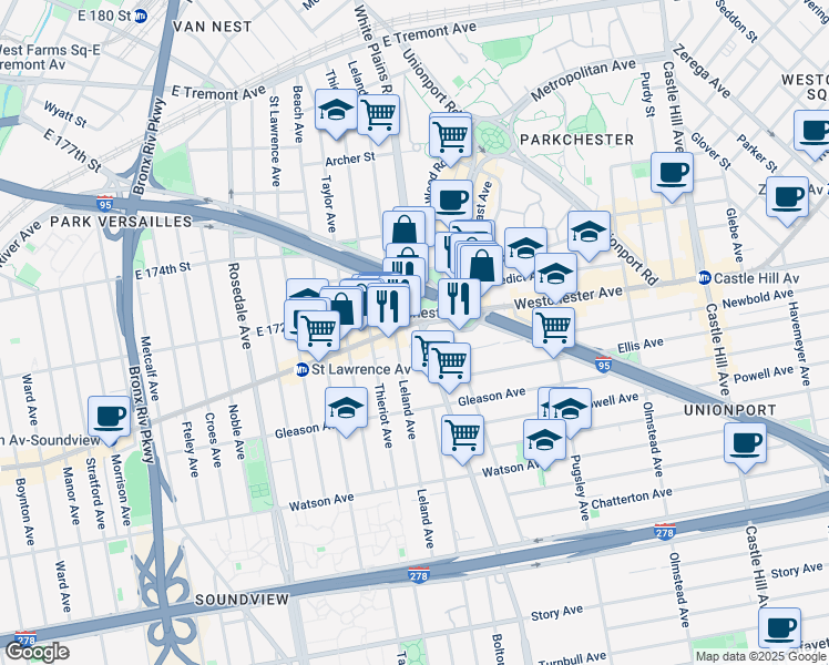map of restaurants, bars, coffee shops, grocery stores, and more near 1866 Westchester Avenue in Bronx