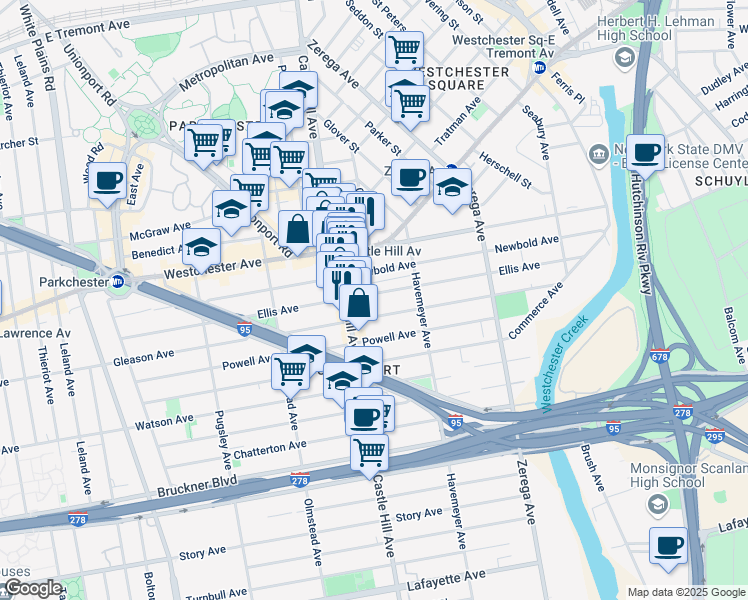 map of restaurants, bars, coffee shops, grocery stores, and more near 2226 Ellis Avenue in The Bronx