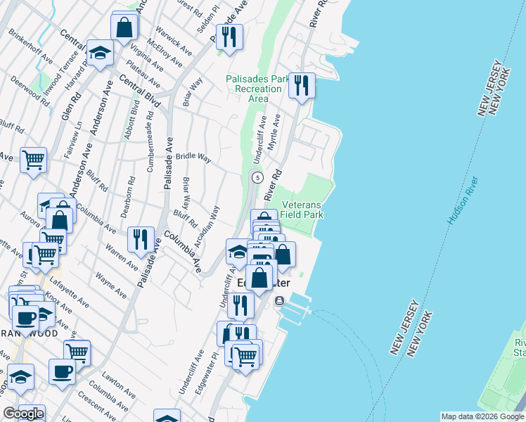 map of restaurants, bars, coffee shops, grocery stores, and more near 1122 River Road in Edgewater
