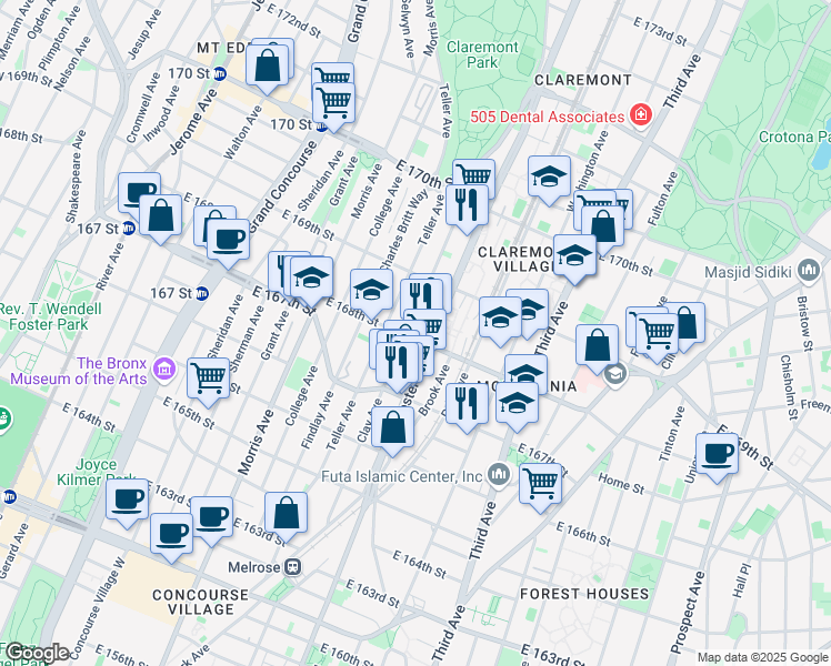 map of restaurants, bars, coffee shops, grocery stores, and more near 391 East 168th Street in Bronx