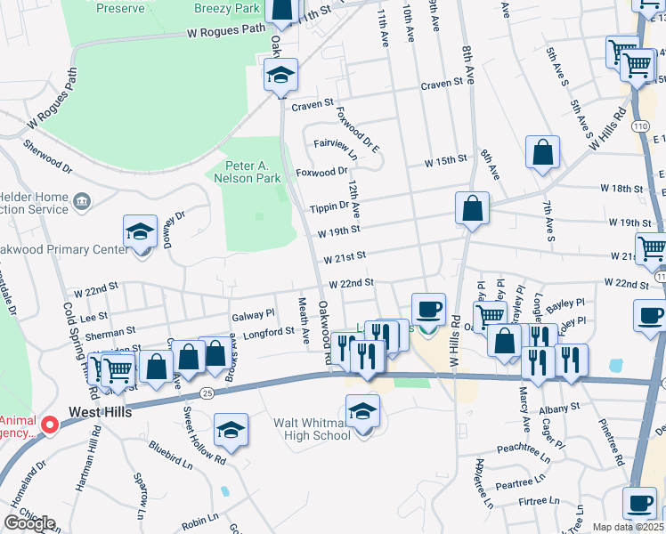 map of restaurants, bars, coffee shops, grocery stores, and more near 189 West 21st Street in Huntington Station