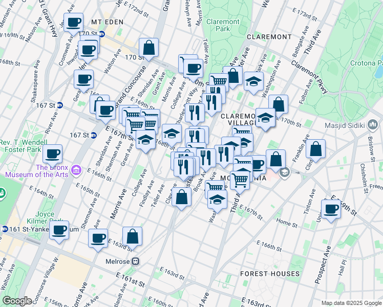 map of restaurants, bars, coffee shops, grocery stores, and more near 391 East 168th Street in Bronx