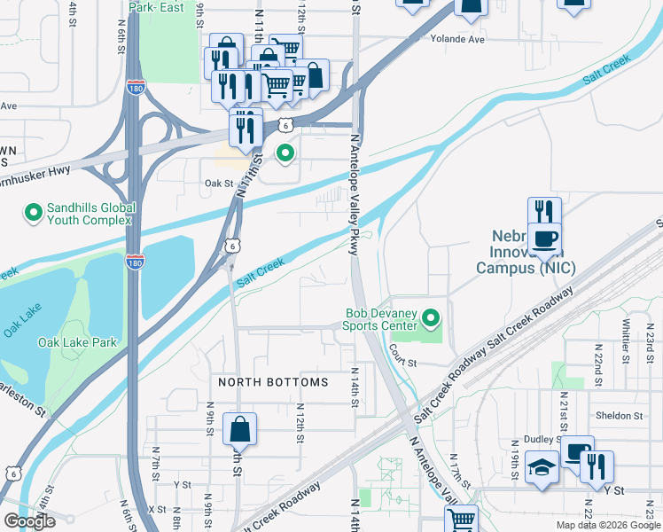 map of restaurants, bars, coffee shops, grocery stores, and more near 1931 North Antelope Valley Parkway in Lincoln