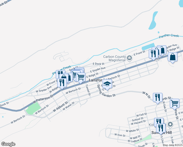 map of restaurants, bars, coffee shops, grocery stores, and more near 29-1/2 East Ridge Street in Lansford