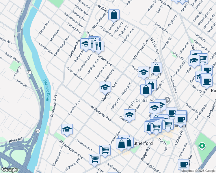 map of restaurants, bars, coffee shops, grocery stores, and more near 189 Prospect Place in Rutherford