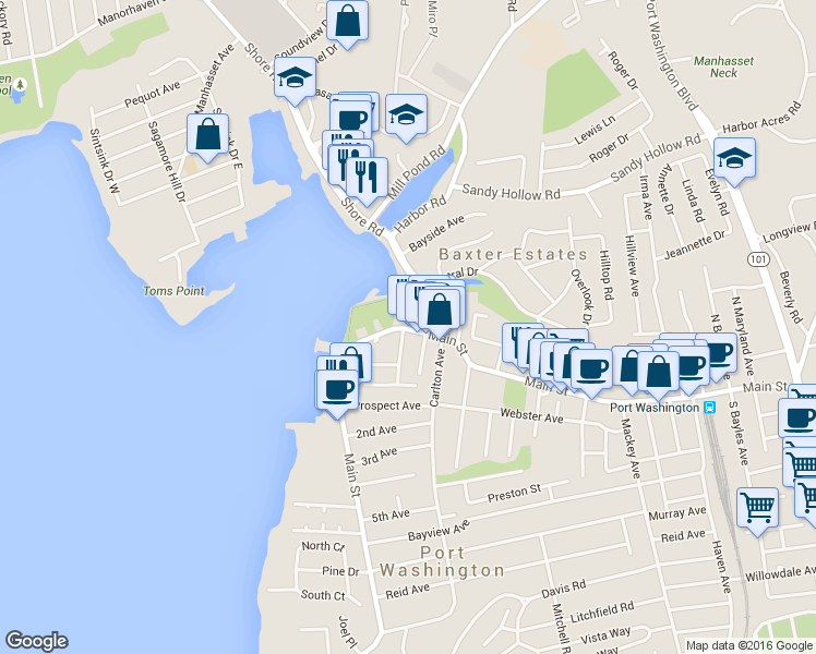 map of restaurants, bars, coffee shops, grocery stores, and more near 303 Main Street in Port Washington