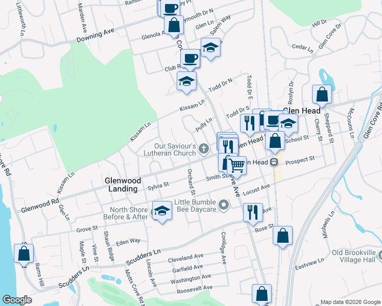 map of restaurants, bars, coffee shops, grocery stores, and more near 12 Huron Street in Glen Head