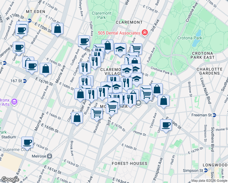 map of restaurants, bars, coffee shops, grocery stores, and more near 1288 Washington Avenue in Bronx