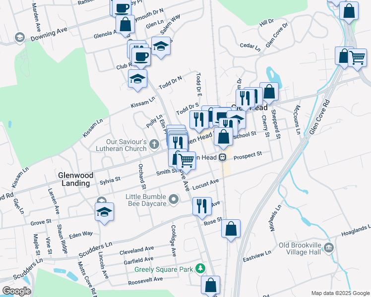 map of restaurants, bars, coffee shops, grocery stores, and more near 25 Glen Head Road in Glen Head