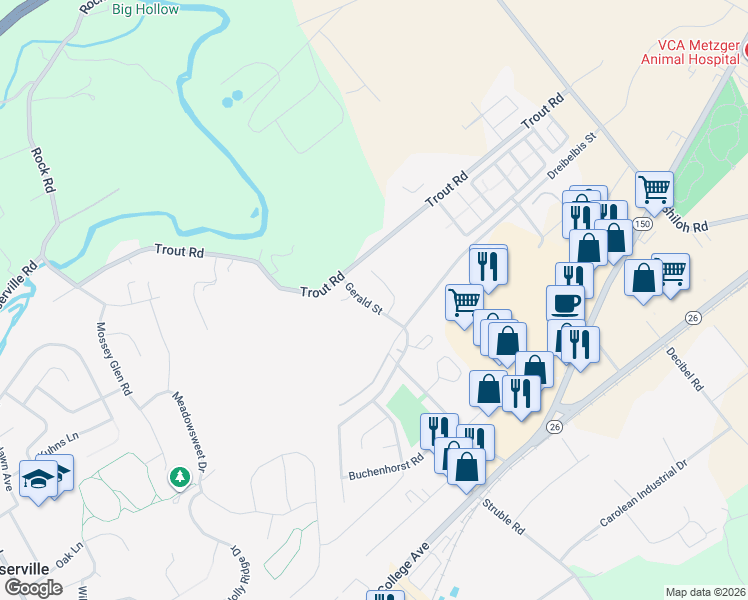 map of restaurants, bars, coffee shops, grocery stores, and more near 116 Julian Drive in State College