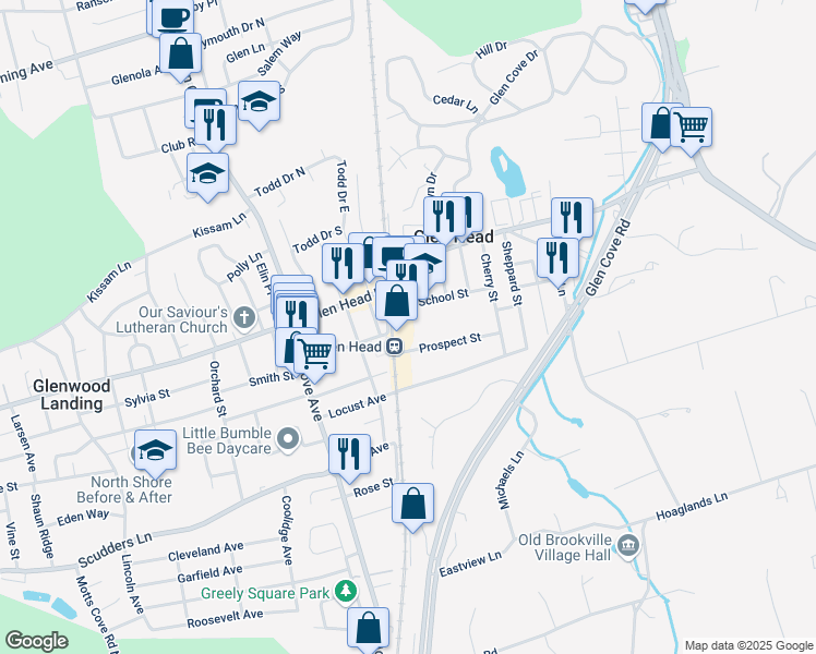 map of restaurants, bars, coffee shops, grocery stores, and more near 26 Railroad Avenue in Glen Head