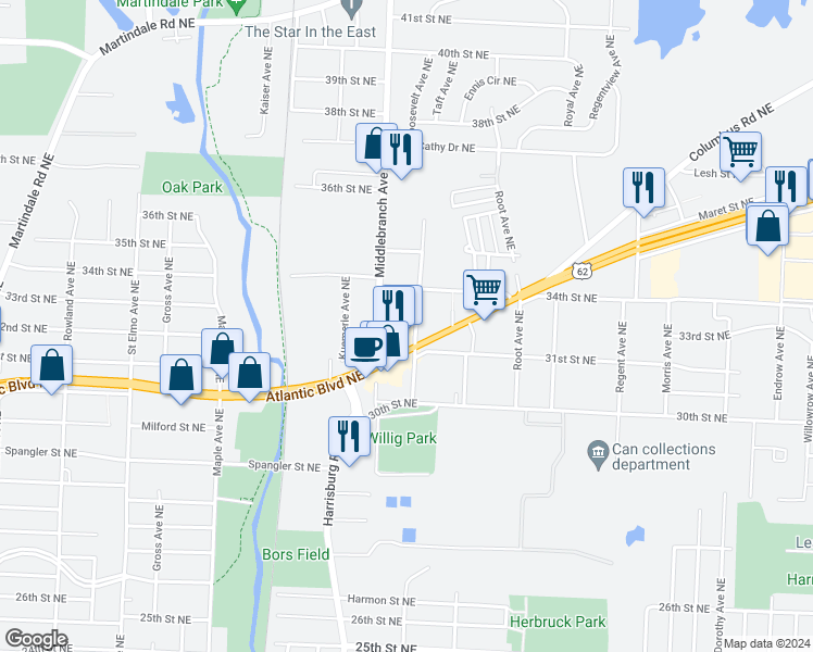 map of restaurants, bars, coffee shops, grocery stores, and more near 3215 Roosevelt Avenue Northeast in Canton