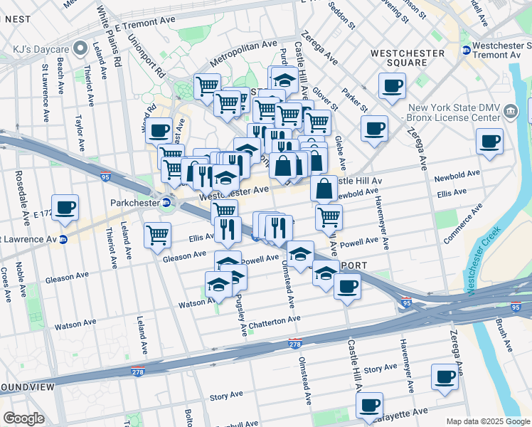 map of restaurants, bars, coffee shops, grocery stores, and more near 2035 Newbold Avenue in Bronx