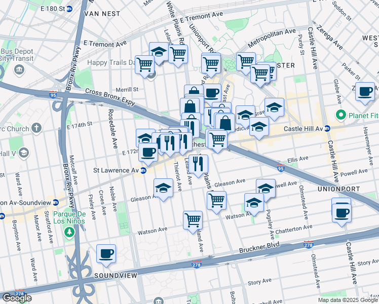 map of restaurants, bars, coffee shops, grocery stores, and more near 1885 Westchester Avenue in The Bronx