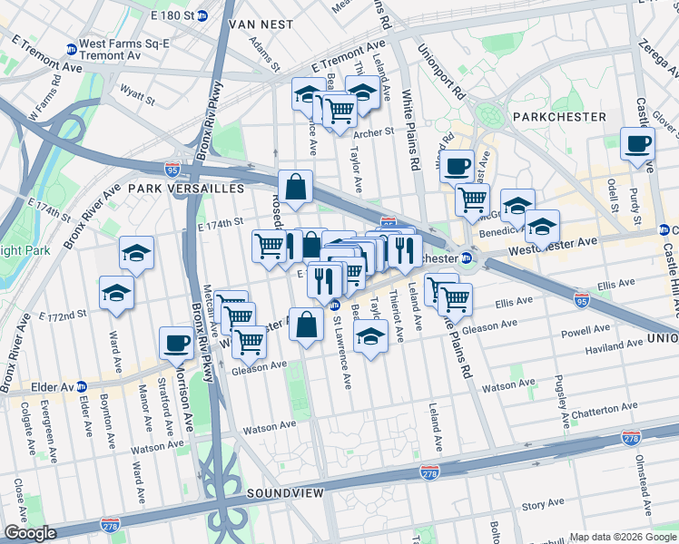 map of restaurants, bars, coffee shops, grocery stores, and more near 1304 Saint Lawrence Avenue in The Bronx