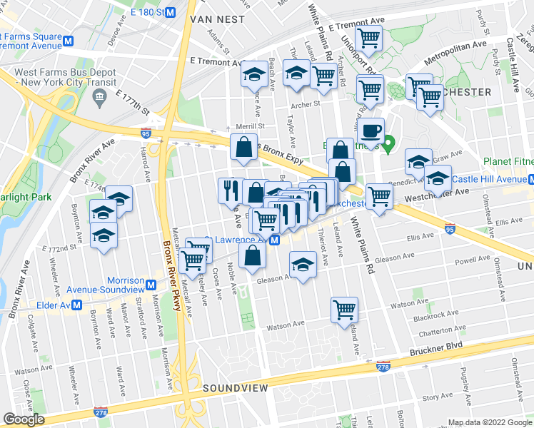 map of restaurants, bars, coffee shops, grocery stores, and more near in The Bronx