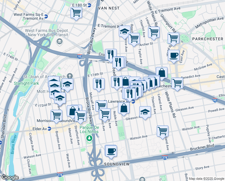 map of restaurants, bars, coffee shops, grocery stores, and more near 1320 Noble Avenue in The Bronx