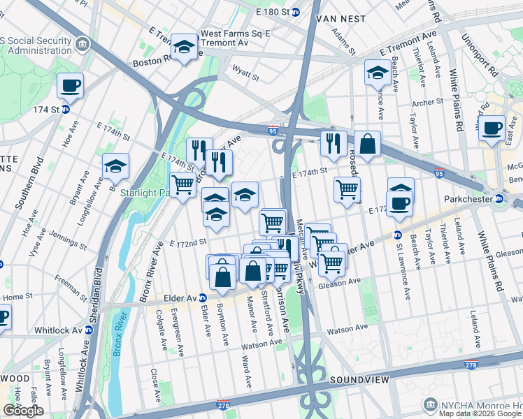 map of restaurants, bars, coffee shops, grocery stores, and more near 1338 Morrison Avenue in The Bronx