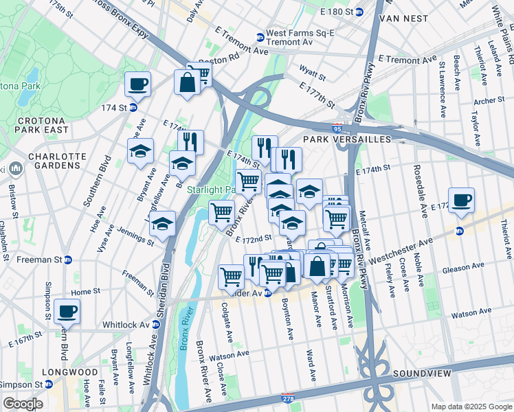 map of restaurants, bars, coffee shops, grocery stores, and more near 1353 Boynton Avenue in Bronx