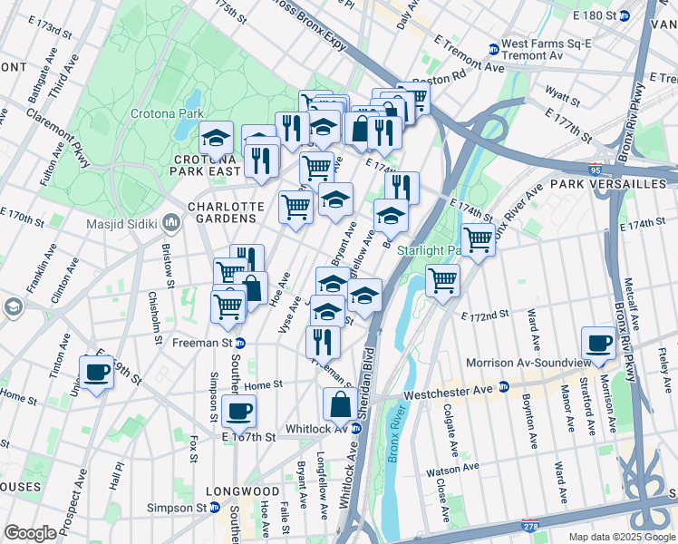 map of restaurants, bars, coffee shops, grocery stores, and more near 984 East 172nd Street in Bronx