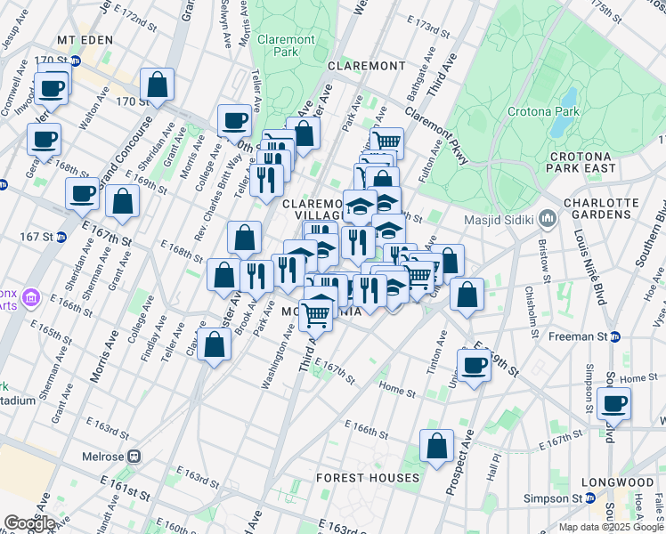 map of restaurants, bars, coffee shops, grocery stores, and more near in The Bronx