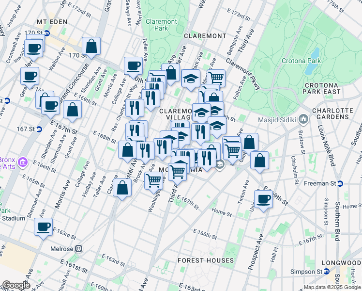map of restaurants, bars, coffee shops, grocery stores, and more near 450 East 169th Street in The Bronx