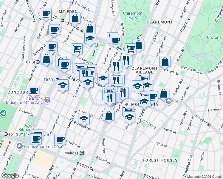 map of restaurants, bars, coffee shops, grocery stores, and more near 1230 Reverend Jerome A. Greene Place in The Bronx