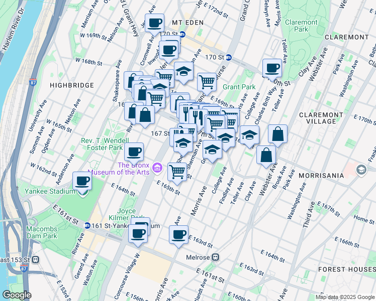 map of restaurants, bars, coffee shops, grocery stores, and more near 1162 Sheridan Avenue in The Bronx
