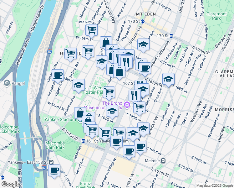 map of restaurants, bars, coffee shops, grocery stores, and more near 1100 Gerard Avenue in Bronx