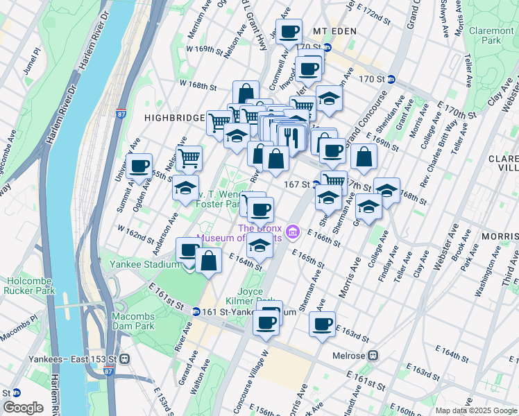 map of restaurants, bars, coffee shops, grocery stores, and more near 1100 Gerard Avenue in Bronx