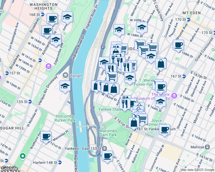 map of restaurants, bars, coffee shops, grocery stores, and more near 991 Summit Avenue in Bronx